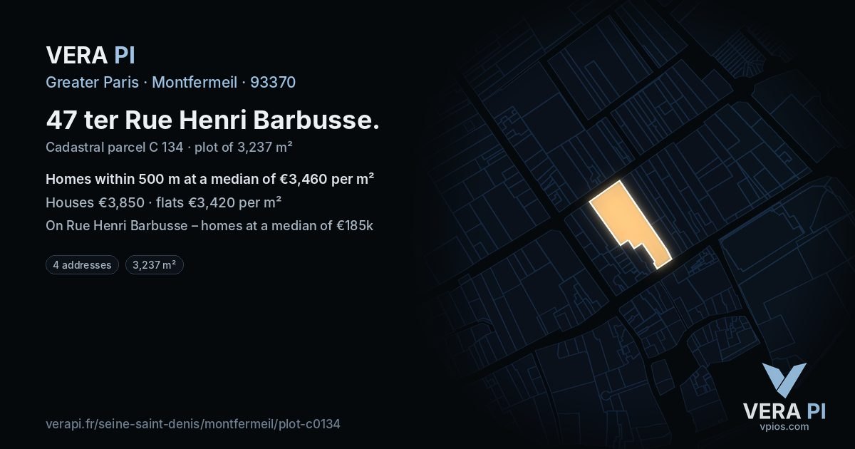 47 ter Rue Henri Barbusse, Montfermeil at night – the plot lit, the parcels around coloured by the prices near them