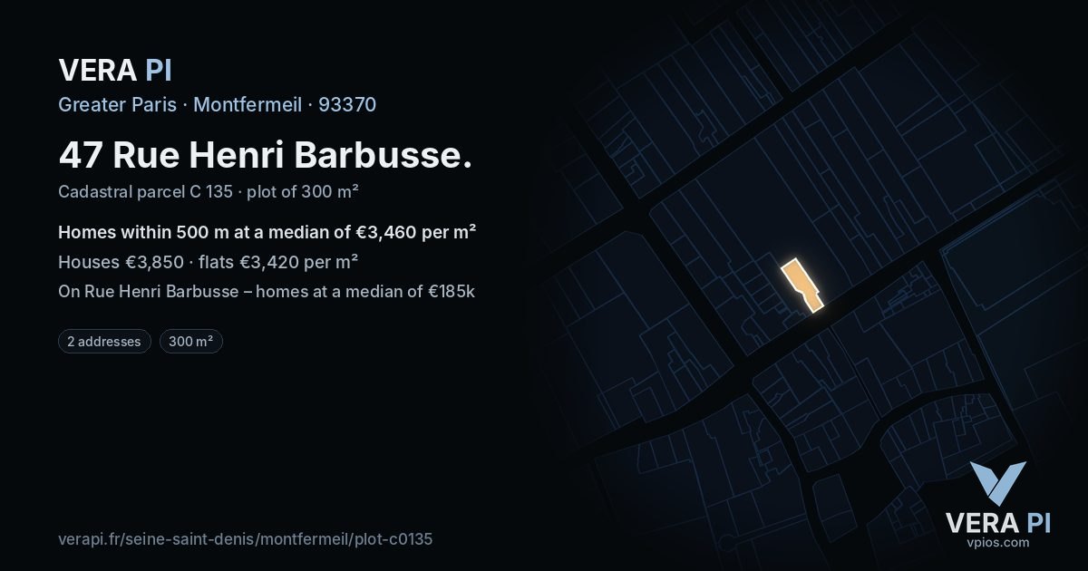 47 Rue Henri Barbusse, Montfermeil at night – the plot lit, the parcels around coloured by the prices near them