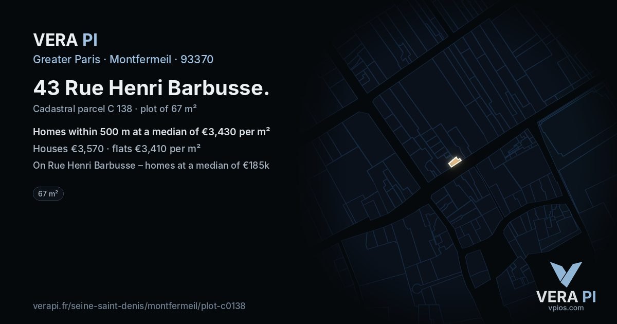 43 Rue Henri Barbusse, Montfermeil at night – the plot lit, the parcels around coloured by the prices near them