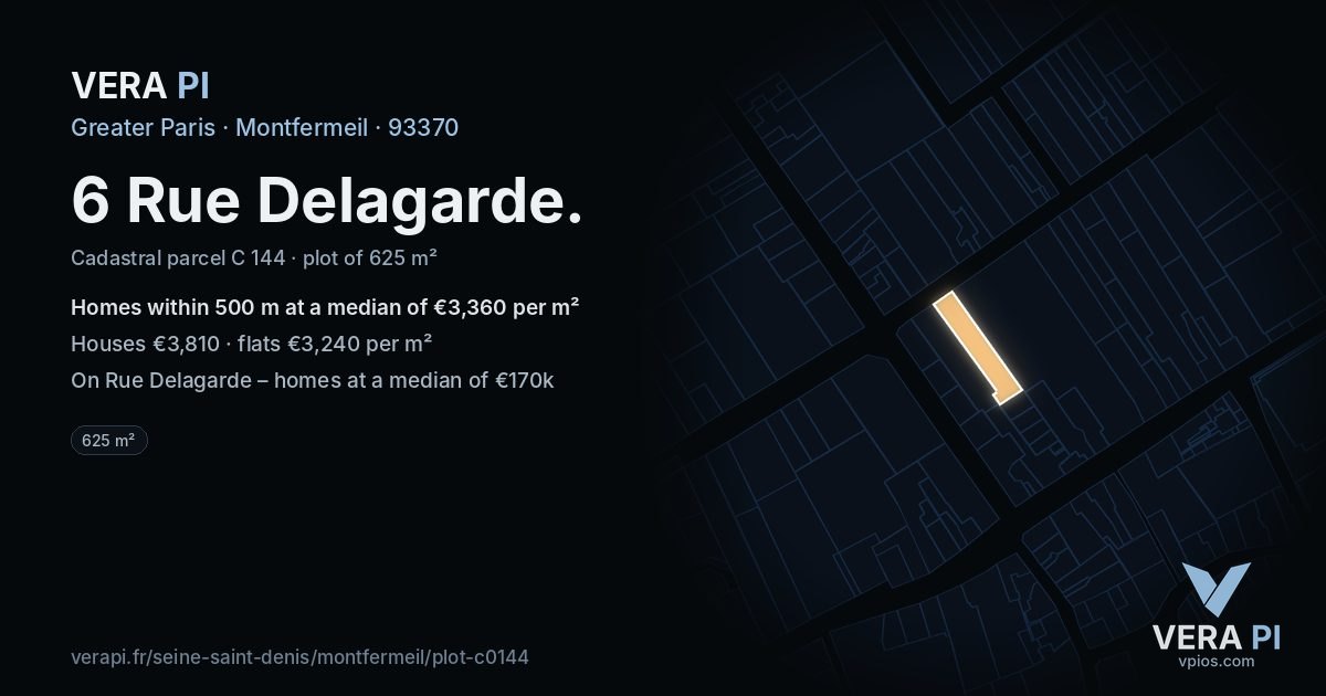 6 Rue Delagarde, Montfermeil at night – the plot lit, the parcels around coloured by the prices near them