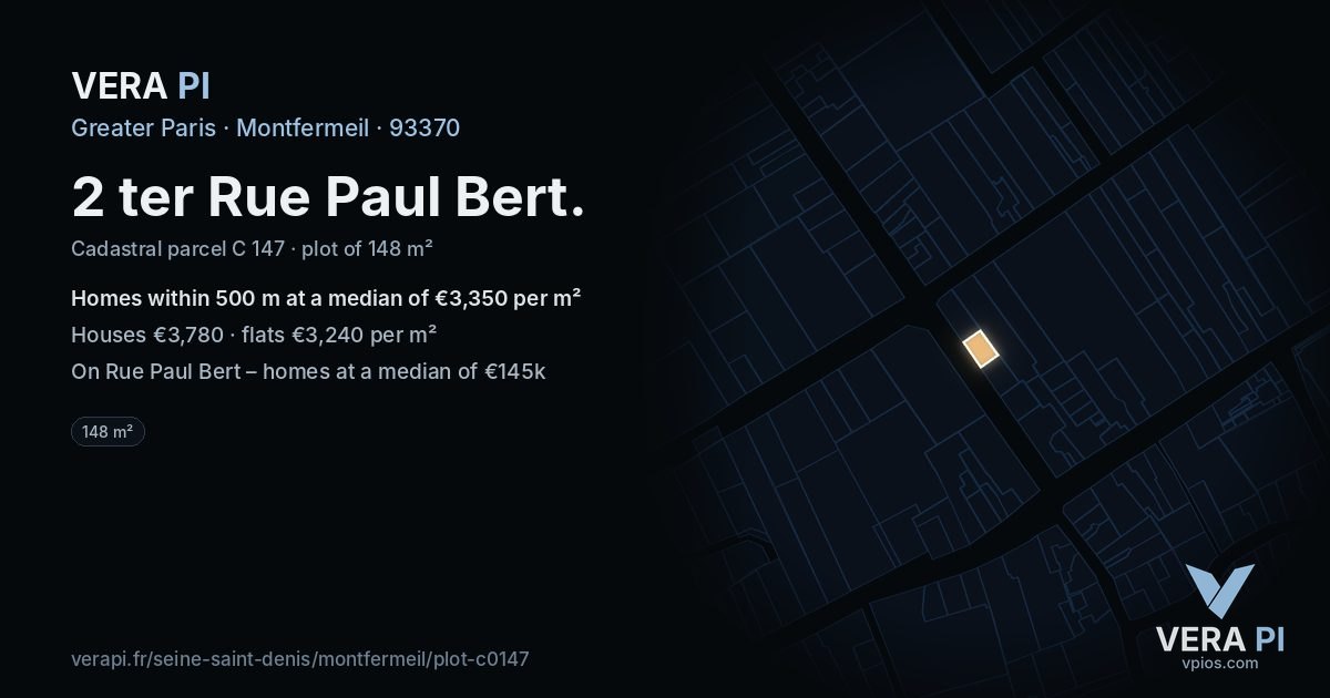 2 ter Rue Paul Bert, Montfermeil at night – the plot lit, the parcels around coloured by the prices near them