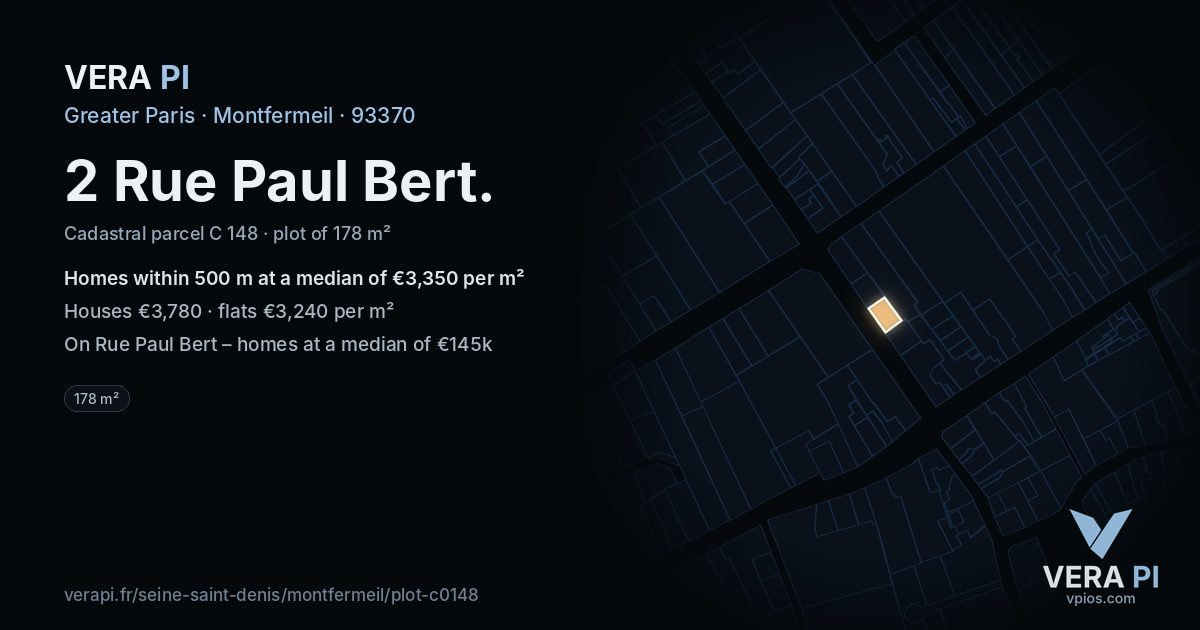 2 Rue Paul Bert, Montfermeil at night – the plot lit, the parcels around coloured by the prices near them