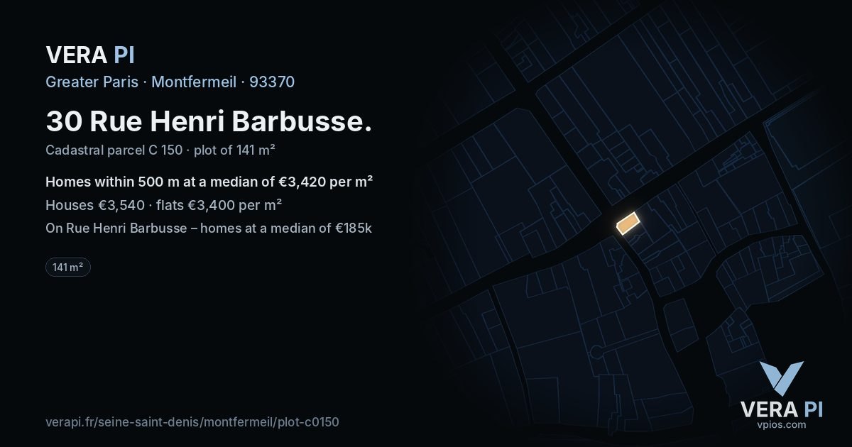 30 Rue Henri Barbusse, Montfermeil at night – the plot lit, the parcels around coloured by the prices near them