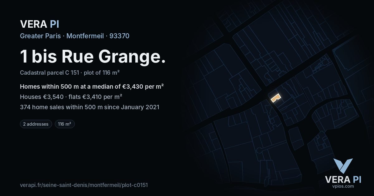 1 bis Rue Grange, Montfermeil at night – the plot lit, the parcels around coloured by the prices near them