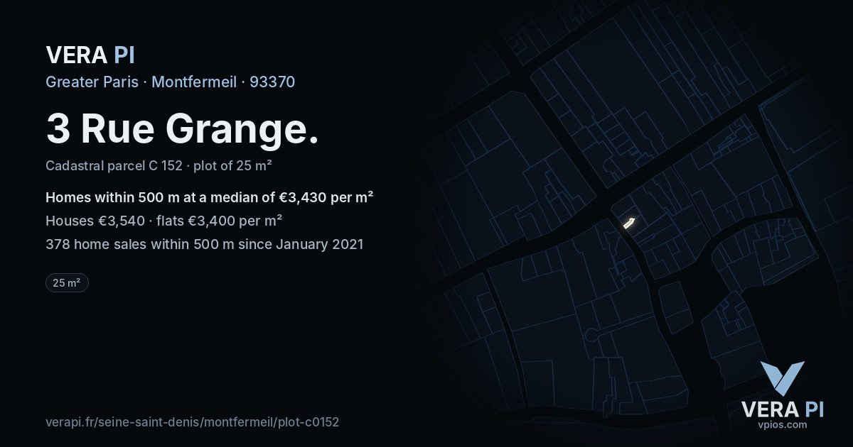 3 Rue Grange, Montfermeil at night – the plot lit, the parcels around coloured by the prices near them