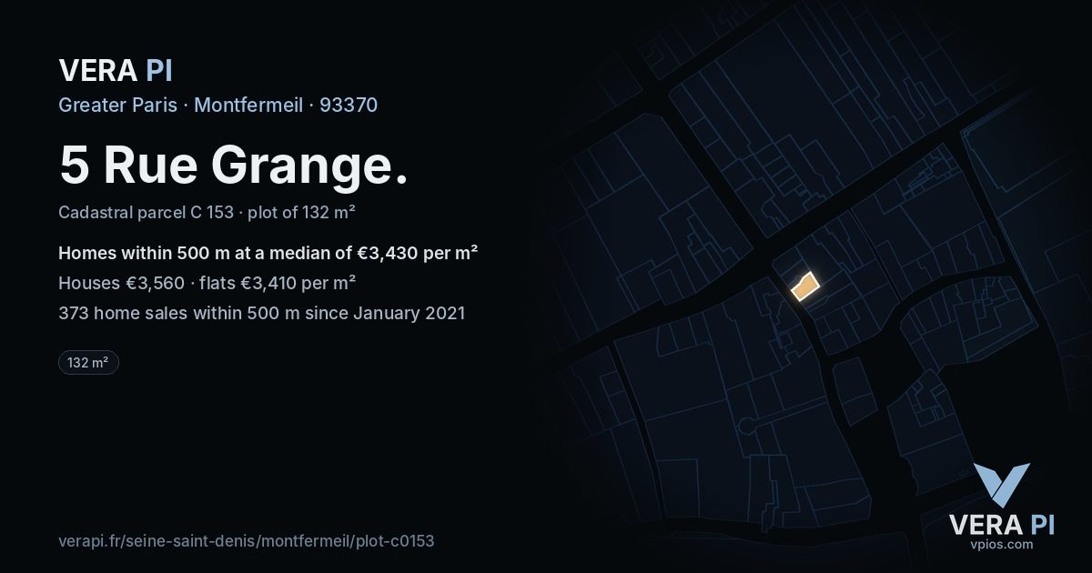 5 Rue Grange, Montfermeil at night – the plot lit, the parcels around coloured by the prices near them