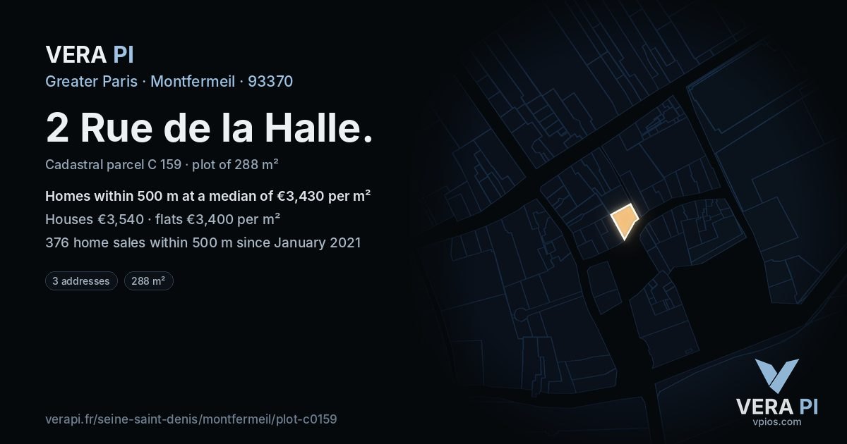 2 Rue de la Halle, Montfermeil at night – the plot lit, the parcels around coloured by the prices near them