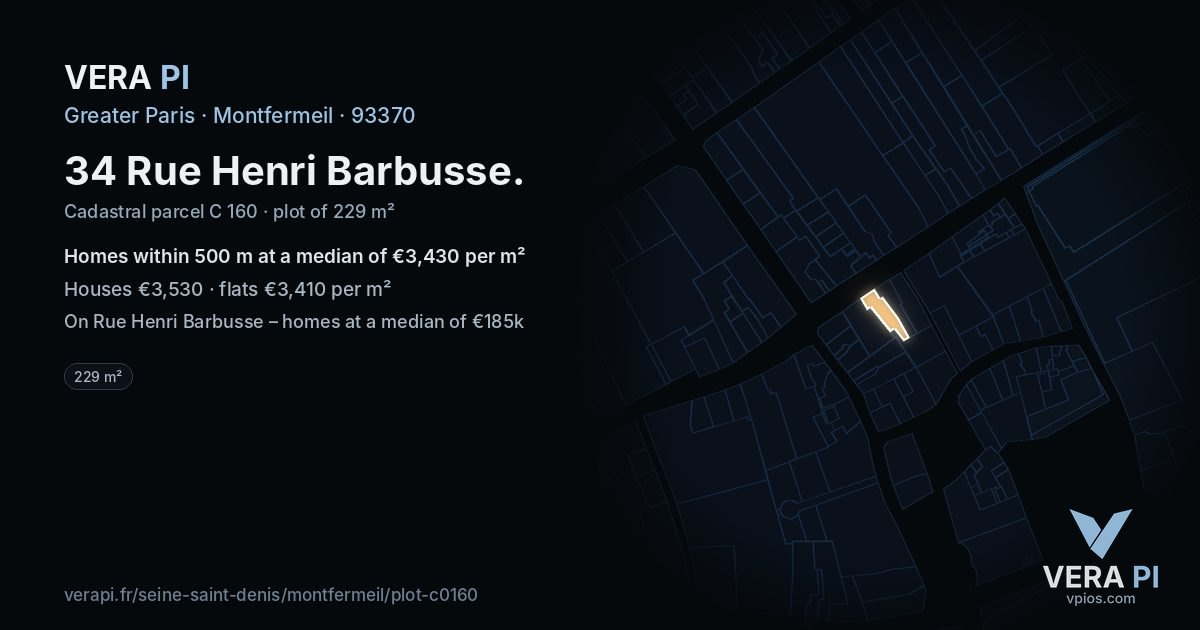 34 Rue Henri Barbusse, Montfermeil at night – the plot lit, the parcels around coloured by the prices near them