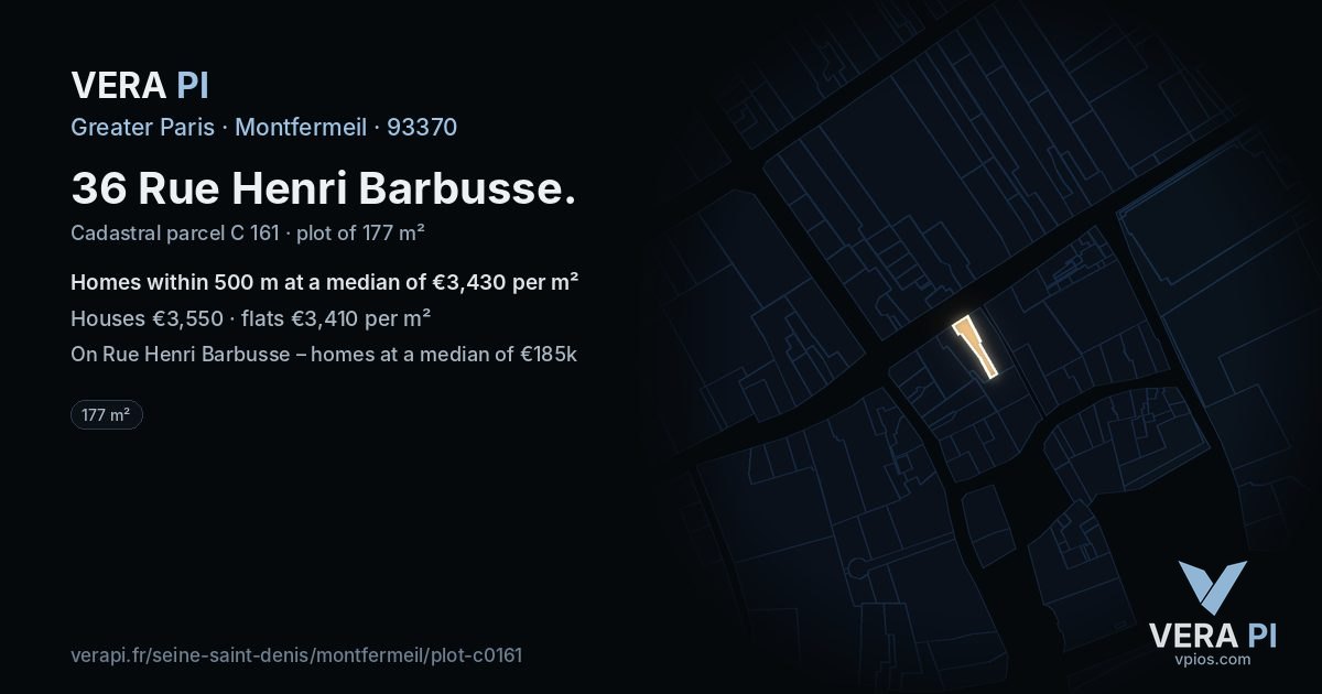 36 Rue Henri Barbusse, Montfermeil at night – the plot lit, the parcels around coloured by the prices near them