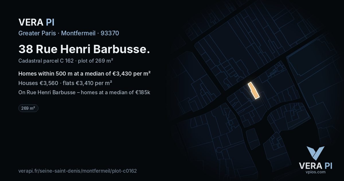 38 Rue Henri Barbusse, Montfermeil at night – the plot lit, the parcels around coloured by the prices near them