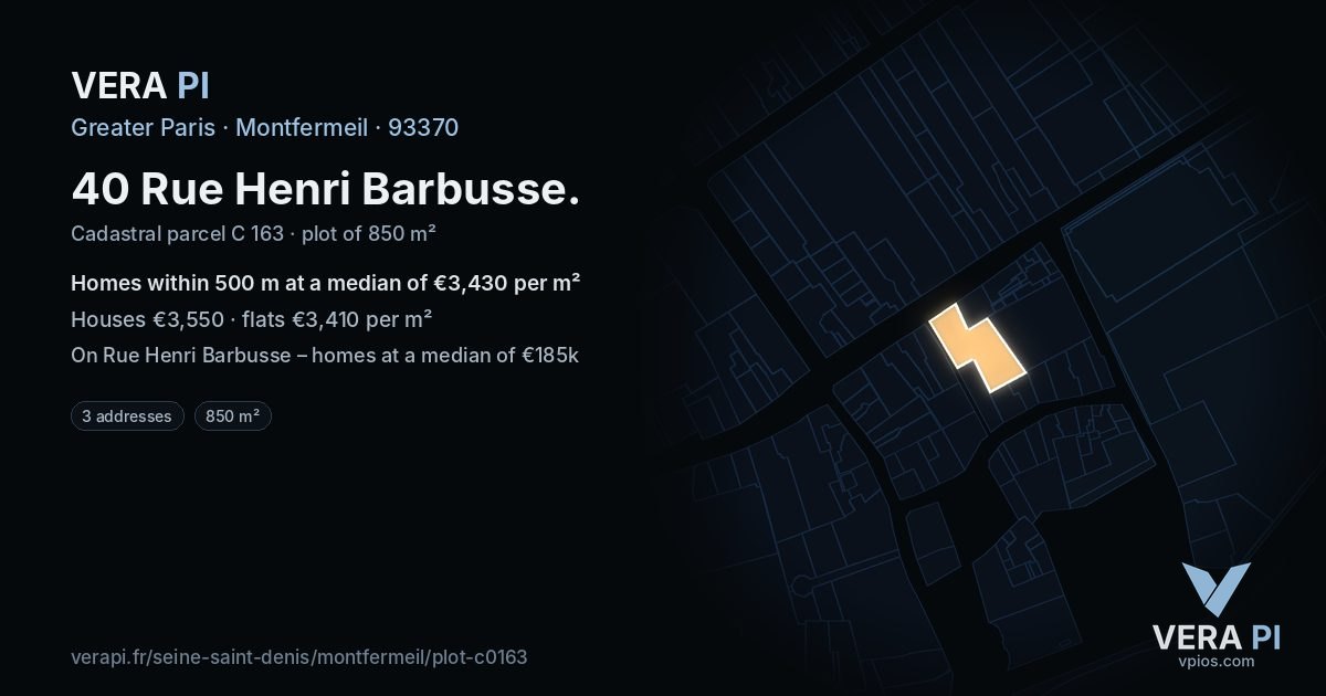 40 Rue Henri Barbusse, Montfermeil at night – the plot lit, the parcels around coloured by the prices near them