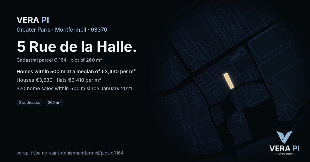 5 Rue de la Halle, Montfermeil at night – the plot lit, the parcels around coloured by the prices near them