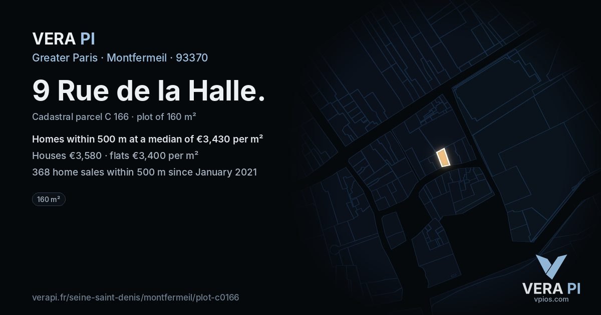 9 Rue de la Halle, Montfermeil at night – the plot lit, the parcels around coloured by the prices near them