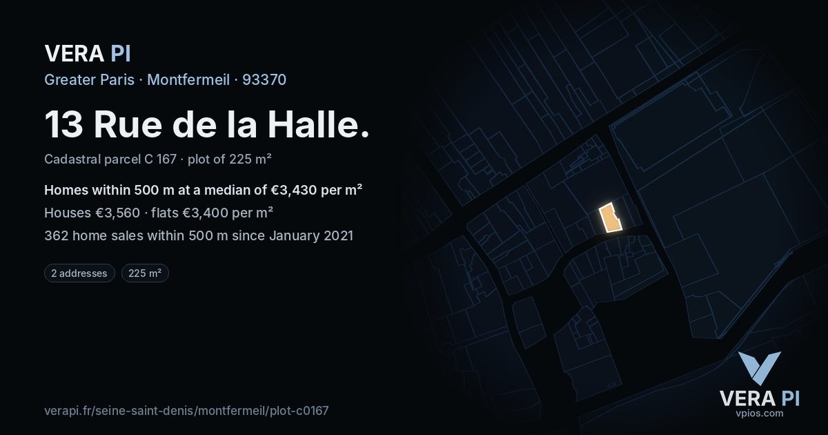 13 Rue de la Halle, Montfermeil at night – the plot lit, the parcels around coloured by the prices near them