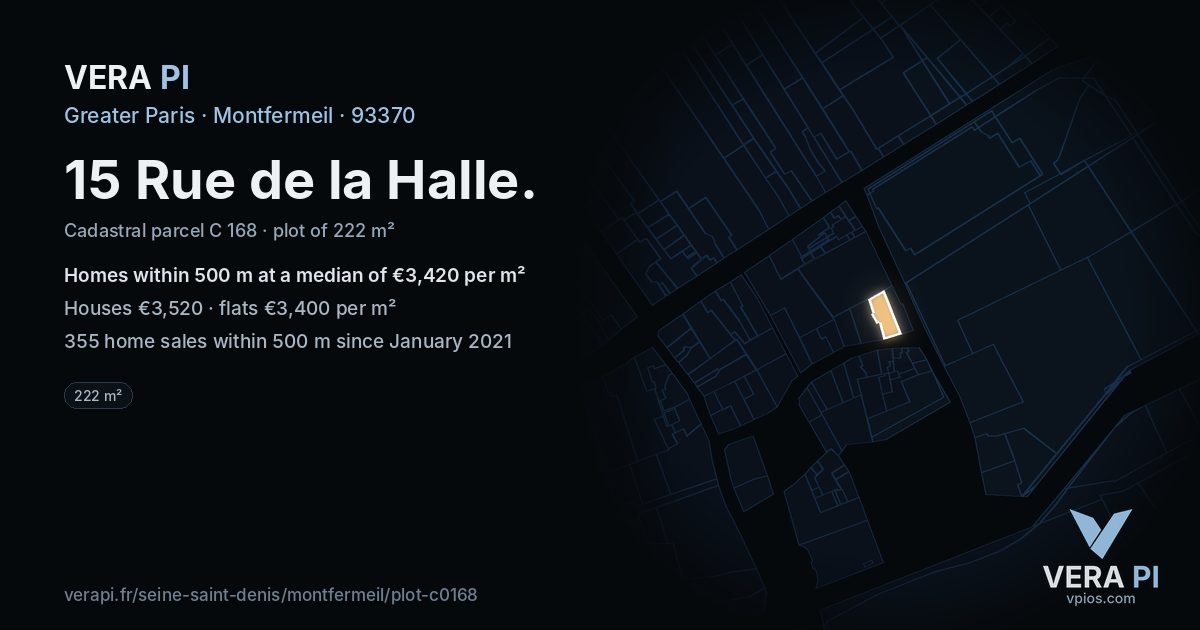 15 Rue de la Halle, Montfermeil at night – the plot lit, the parcels around coloured by the prices near them