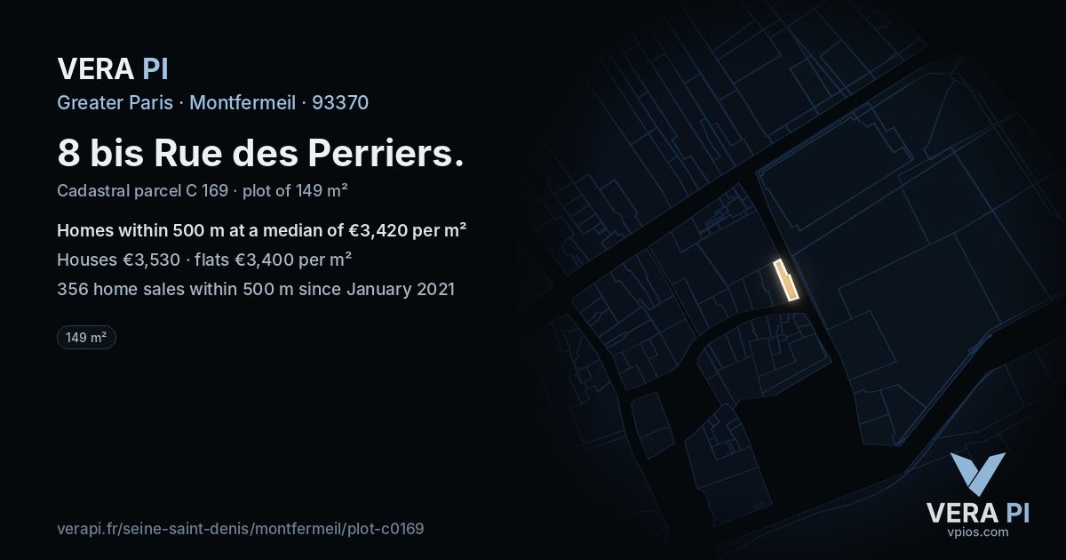 8 bis Rue des Perriers, Montfermeil at night – the plot lit, the parcels around coloured by the prices near them