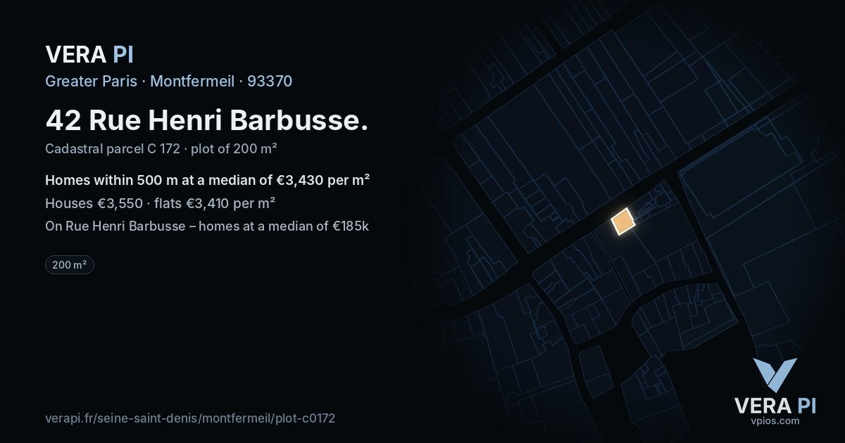 42 Rue Henri Barbusse, Montfermeil at night – the plot lit, the parcels around coloured by the prices near them