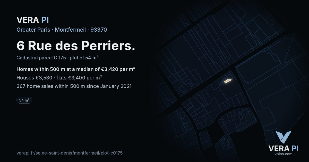 6 Rue des Perriers, Montfermeil at night – the plot lit, the parcels around coloured by the prices near them