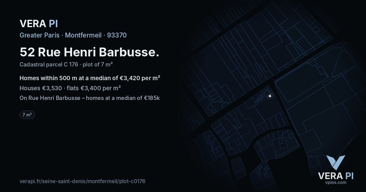 52 Rue Henri Barbusse, Montfermeil at night – the plot lit, the parcels around coloured by the prices near them