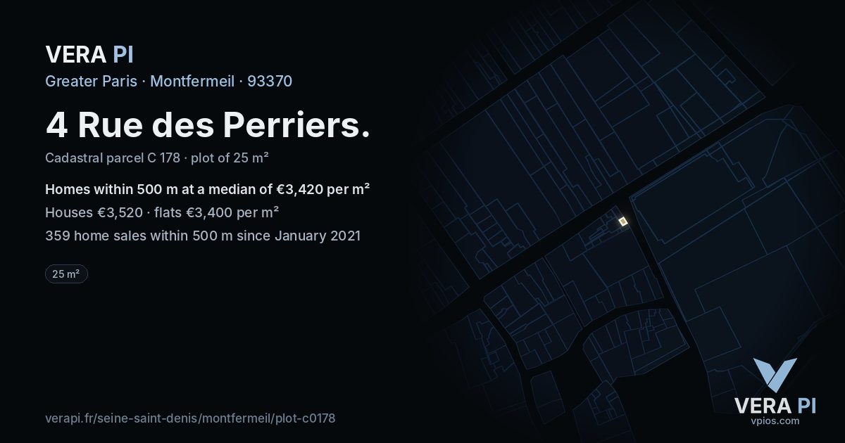 4 Rue des Perriers, Montfermeil at night – the plot lit, the parcels around coloured by the prices near them