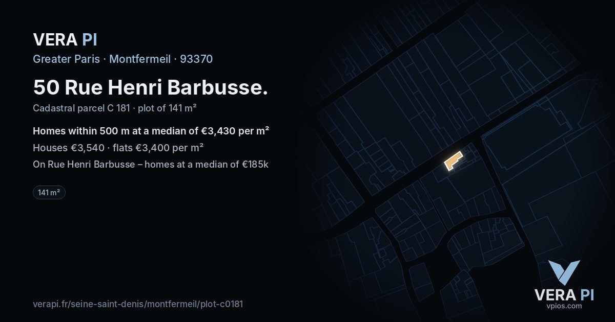 50 Rue Henri Barbusse, Montfermeil at night – the plot lit, the parcels around coloured by the prices near them