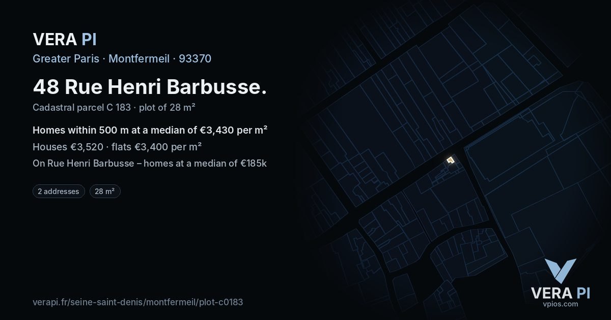 48 Rue Henri Barbusse, Montfermeil at night – the plot lit, the parcels around coloured by the prices near them