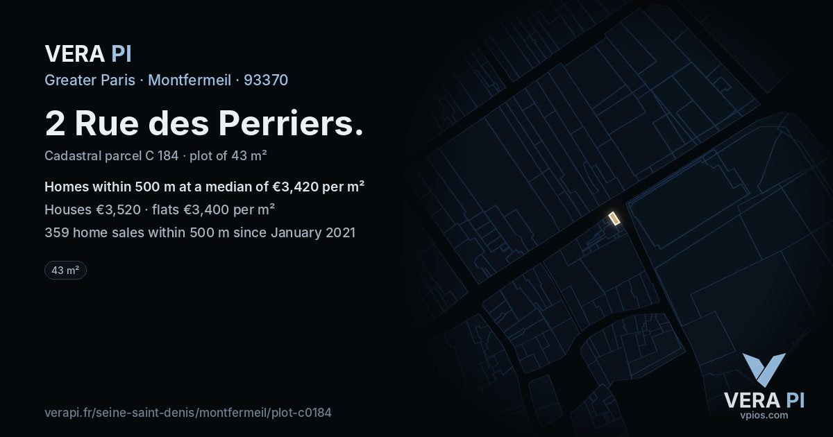 2 Rue des Perriers, Montfermeil at night – the plot lit, the parcels around coloured by the prices near them