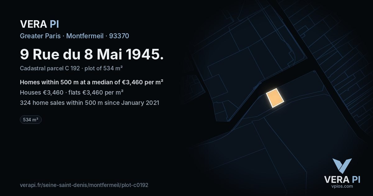 9 Rue du 8 Mai 1945, Montfermeil at night – the plot lit, the parcels around coloured by the prices near them
