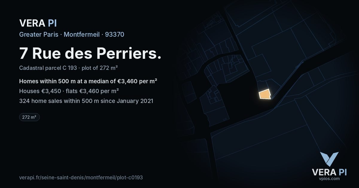 7 Rue des Perriers, Montfermeil at night – the plot lit, the parcels around coloured by the prices near them