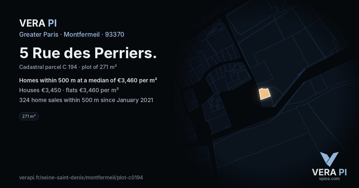 5 Rue des Perriers, Montfermeil at night – the plot lit, the parcels around coloured by the prices near them