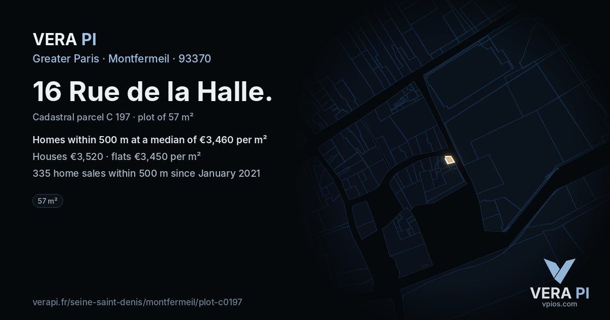 16 Rue de la Halle, Montfermeil at night – the plot lit, the parcels around coloured by the prices near them