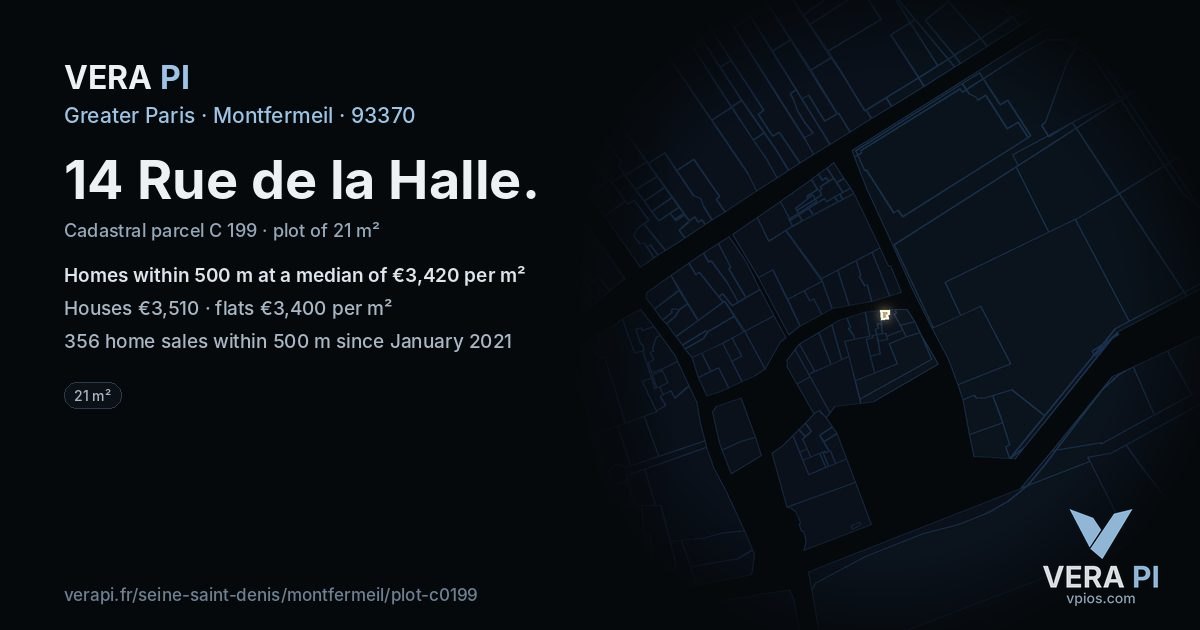 14 Rue de la Halle, Montfermeil at night – the plot lit, the parcels around coloured by the prices near them