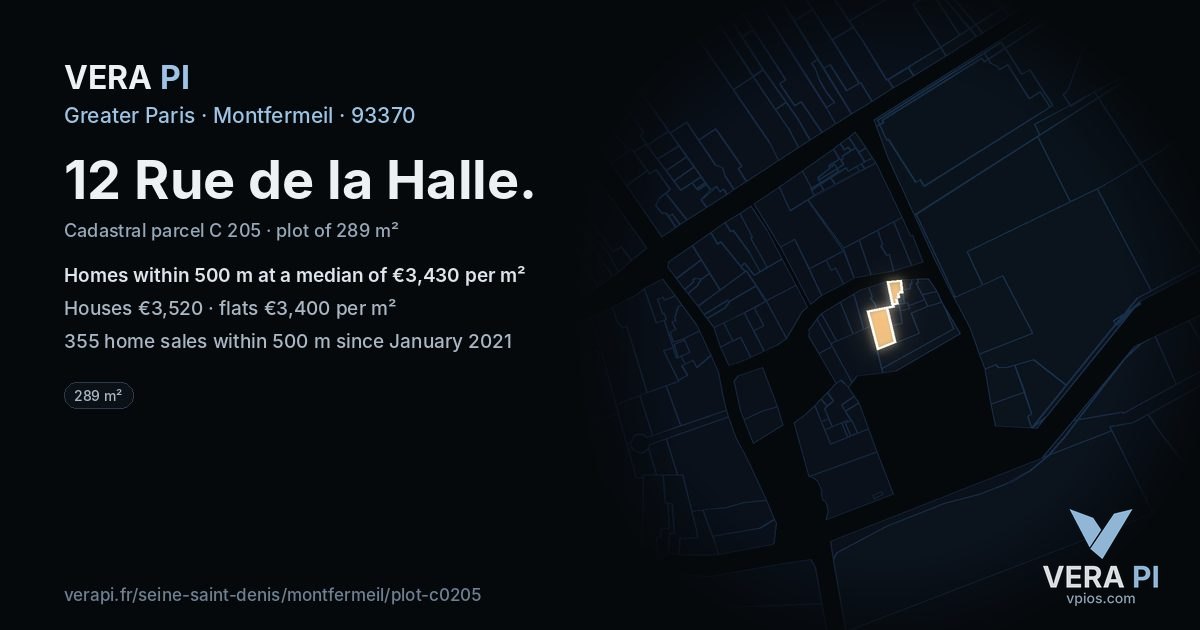 12 Rue de la Halle, Montfermeil at night – the plot lit, the parcels around coloured by the prices near them