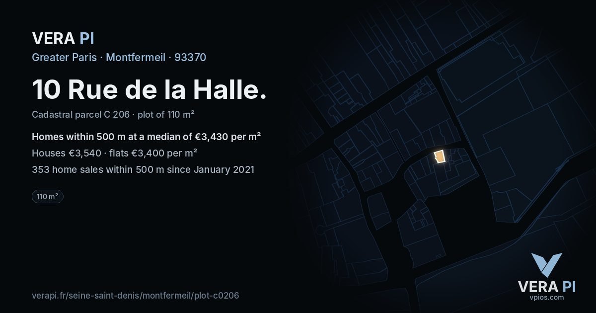10 Rue de la Halle, Montfermeil at night – the plot lit, the parcels around coloured by the prices near them