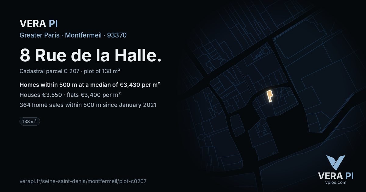 8 Rue de la Halle, Montfermeil at night – the plot lit, the parcels around coloured by the prices near them