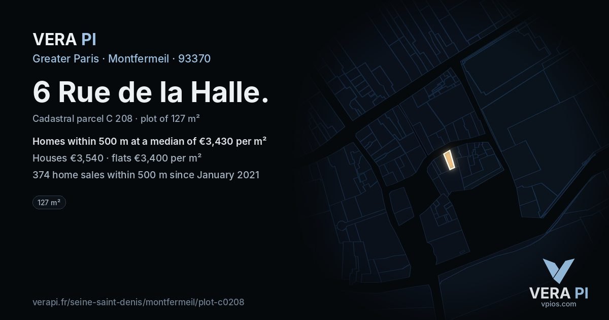6 Rue de la Halle, Montfermeil at night – the plot lit, the parcels around coloured by the prices near them