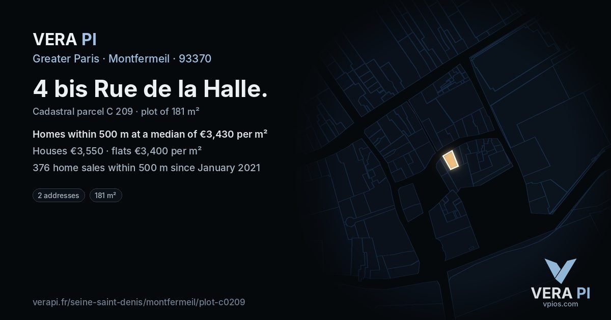 4 bis Rue de la Halle, Montfermeil at night – the plot lit, the parcels around coloured by the prices near them