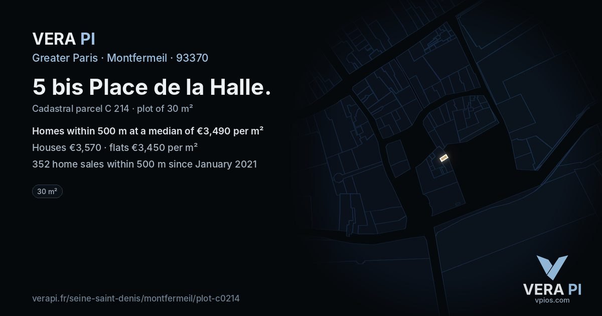 5 bis Place de la Halle, Montfermeil at night – the plot lit, the parcels around coloured by the prices near them