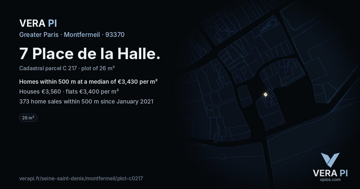 7 Place de la Halle, Montfermeil at night – the plot lit, the parcels around coloured by the prices near them