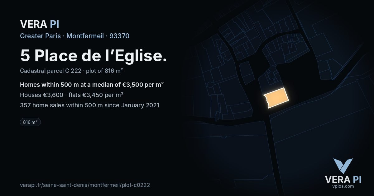 5 Place de l’Eglise, Montfermeil at night – the plot lit, the parcels around coloured by the prices near them