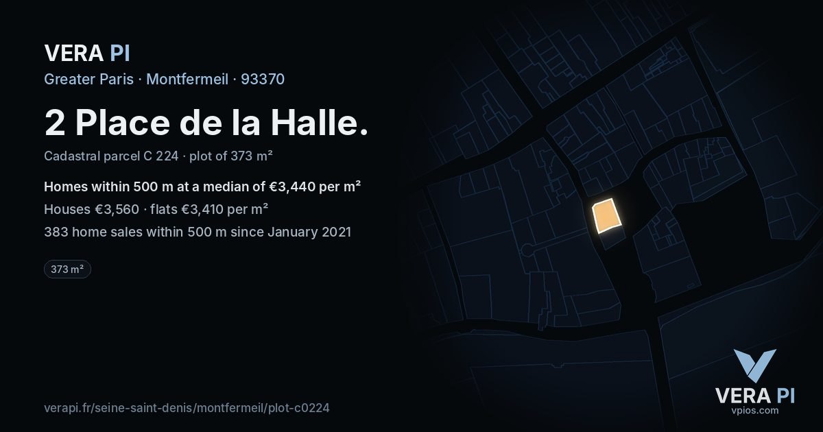 2 Place de la Halle, Montfermeil at night – the plot lit, the parcels around coloured by the prices near them