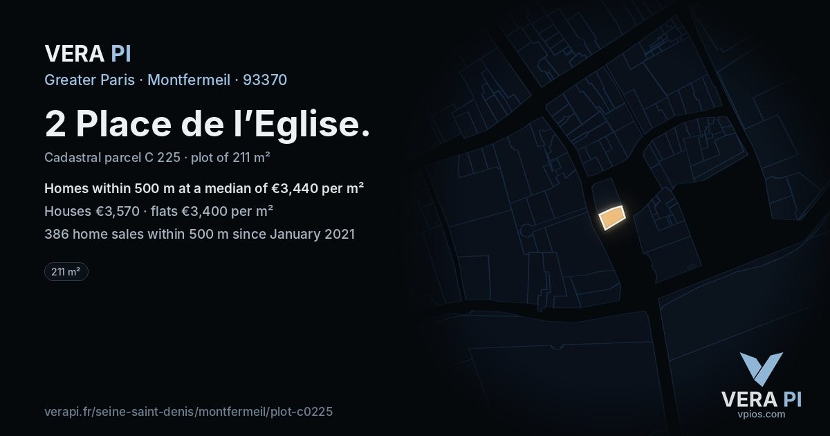 2 Place de l’Eglise, Montfermeil at night – the plot lit, the parcels around coloured by the prices near them