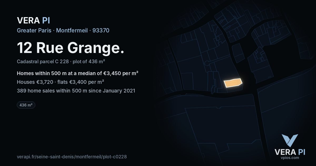 12 Rue Grange, Montfermeil at night – the plot lit, the parcels around coloured by the prices near them