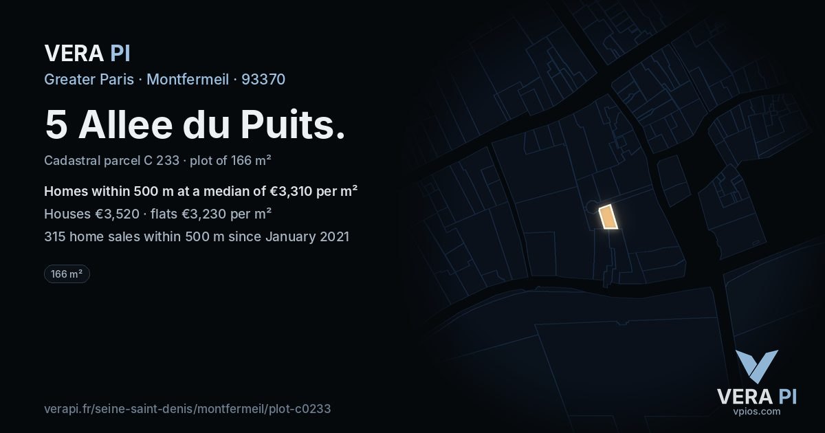 5 Allee du Puits, Montfermeil at night – the plot lit, the parcels around coloured by the prices near them