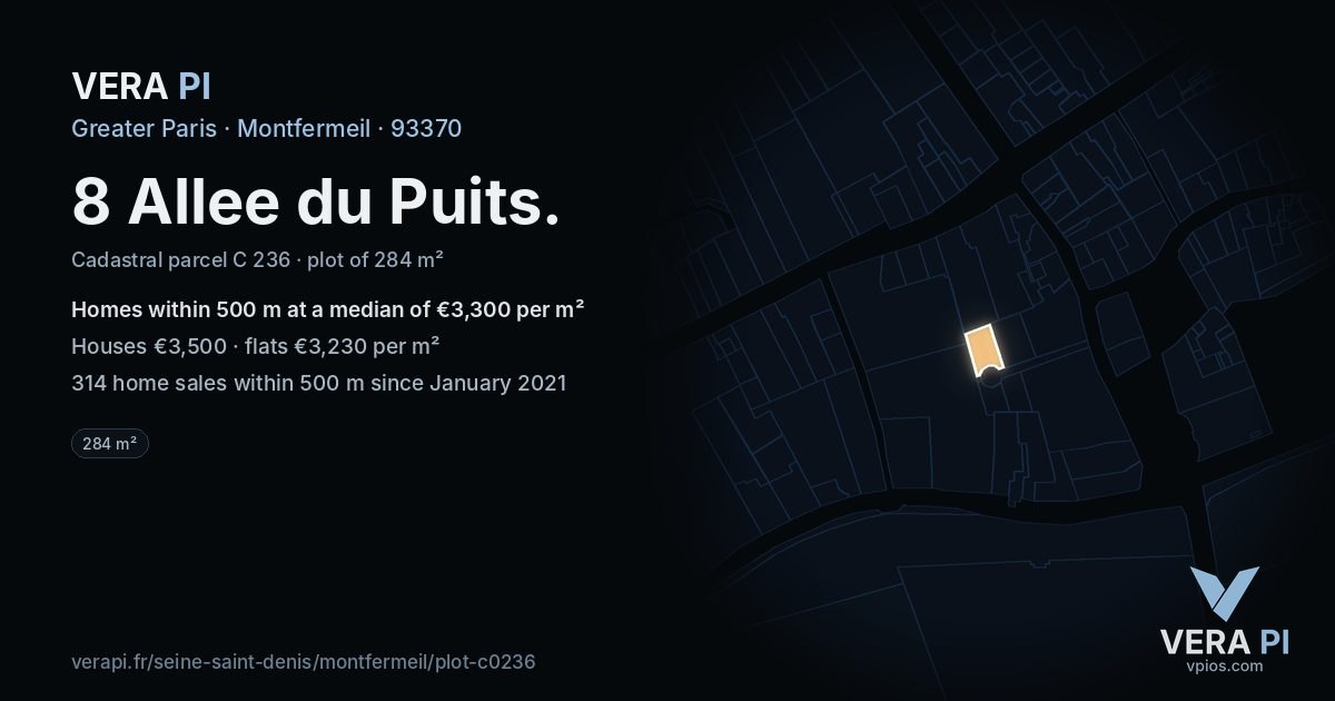 8 Allee du Puits, Montfermeil at night – the plot lit, the parcels around coloured by the prices near them