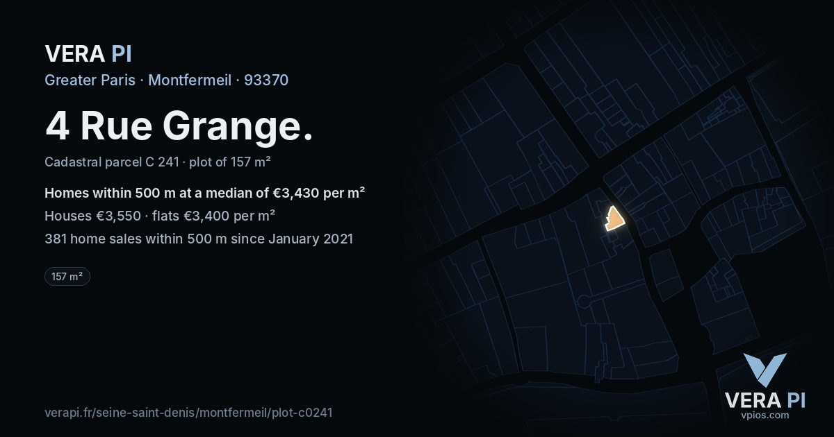 4 Rue Grange, Montfermeil at night – the plot lit, the parcels around coloured by the prices near them