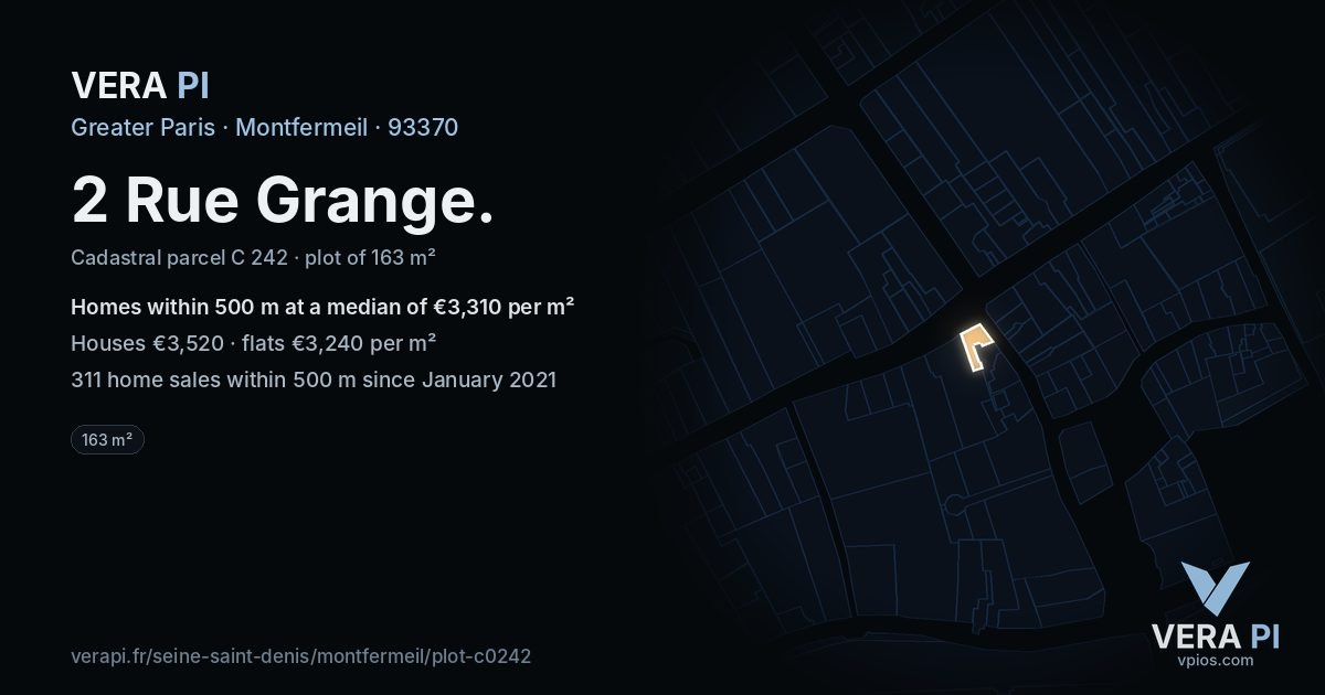 2 Rue Grange, Montfermeil at night – the plot lit, the parcels around coloured by the prices near them