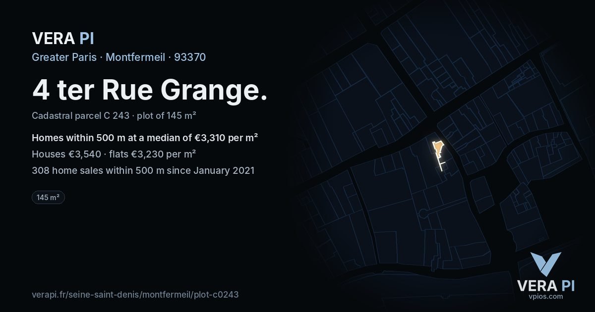 4 ter Rue Grange, Montfermeil at night – the plot lit, the parcels around coloured by the prices near them