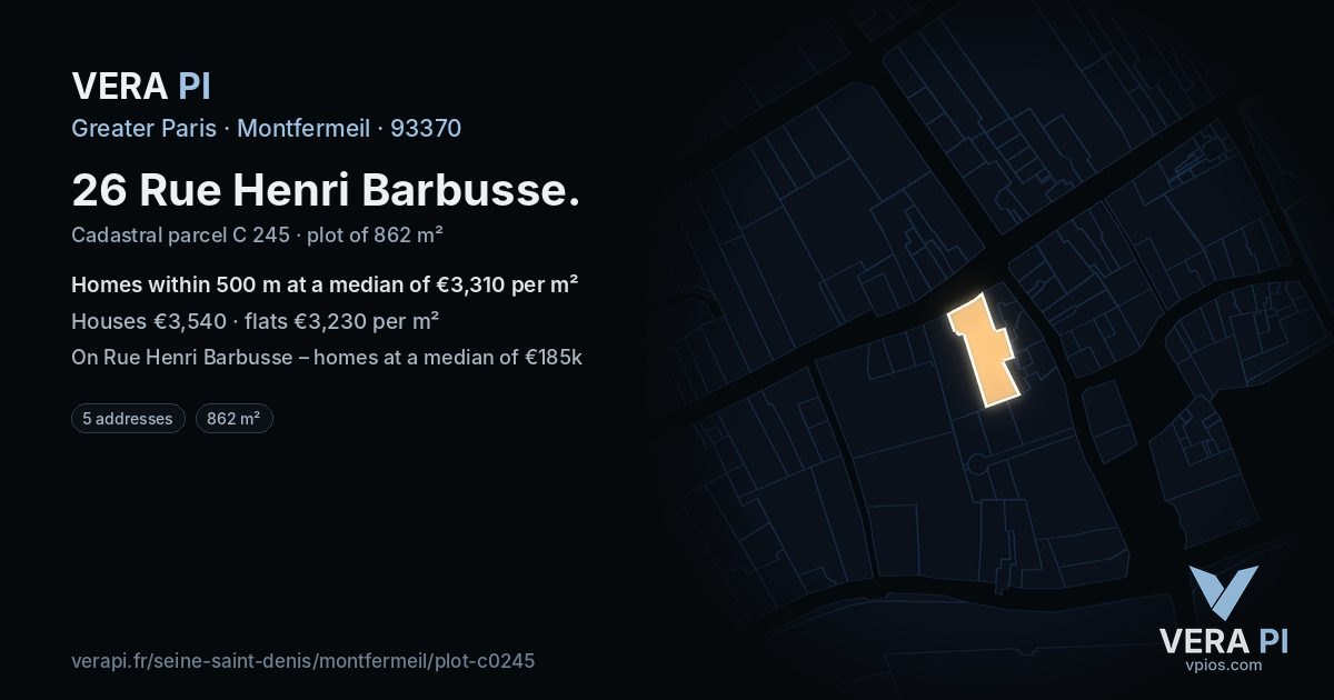 26 Rue Henri Barbusse, Montfermeil at night – the plot lit, the parcels around coloured by the prices near them