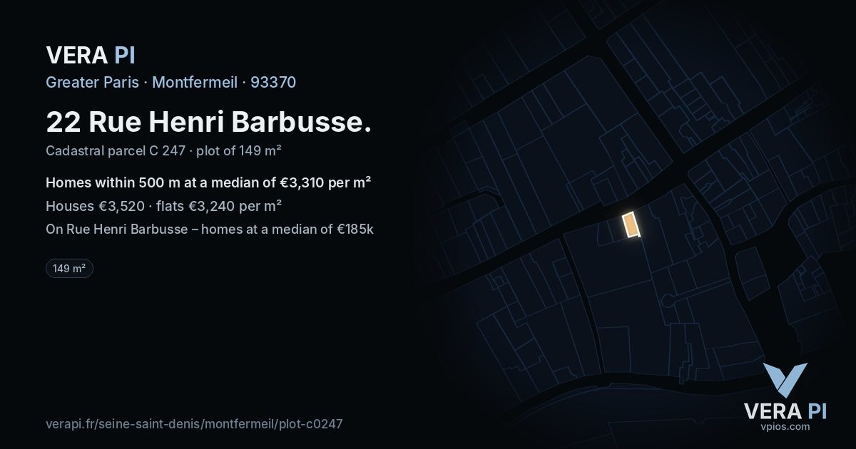22 Rue Henri Barbusse, Montfermeil at night – the plot lit, the parcels around coloured by the prices near them